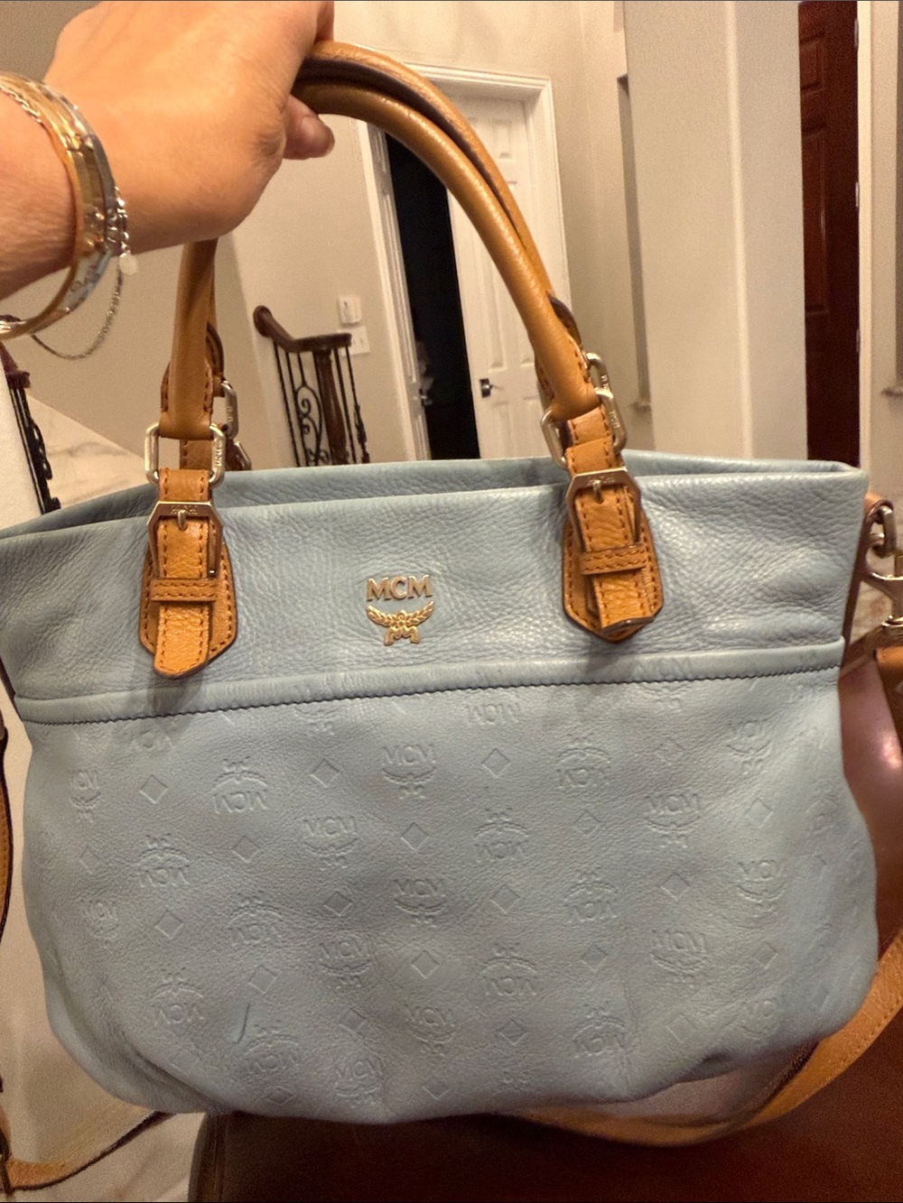 MCM Powder Blue Leather Tote with Tan Trim